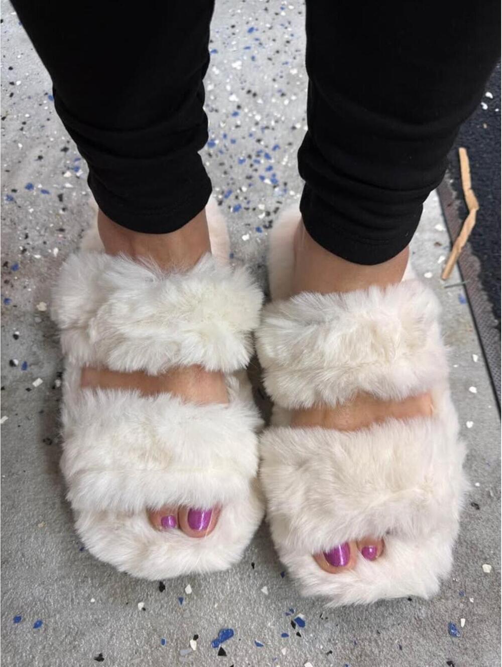 Faux Fur White Double Strap Mule Slippers - Size 9, 9-1/2
